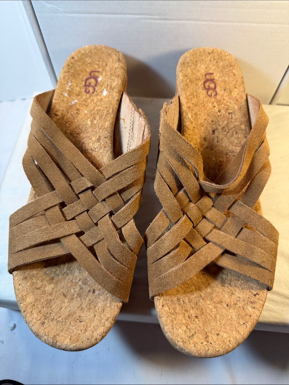 UGG Women’s Tan Suede Woven Cork Slide Mules